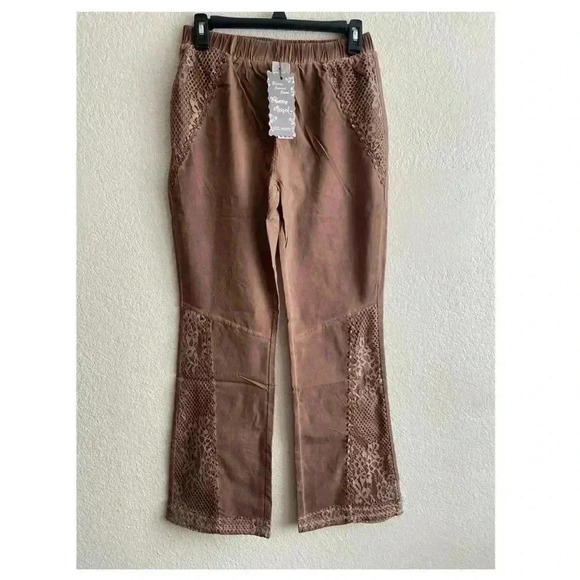 🆕Pretty Angel Coffee Lace-Accent Wide-Leg Linen Blend Pants S🆕 - Picture 3 of 12